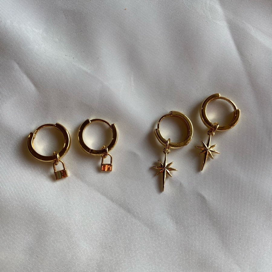 Gold huggies, north star gold earrings, lock earrings