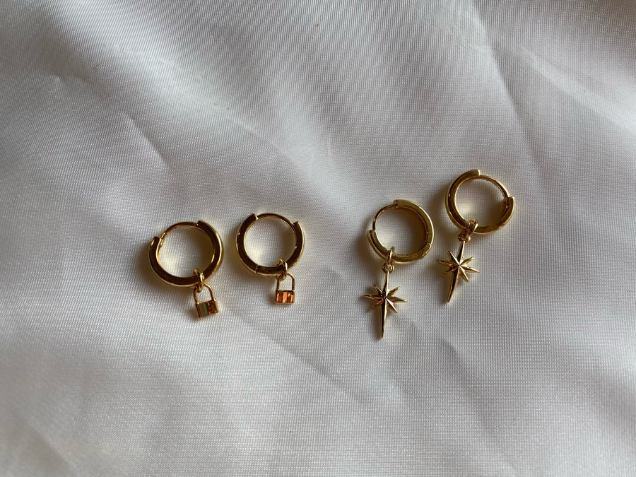 Gold huggies, north star gold earrings, lock earrings